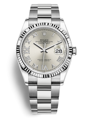 Phiên bản Rolesor trắng đi kèm mặt số màu bạc, nạm kim cương dây đeo Oyster, mối nối ba mảnh dạng phẳng