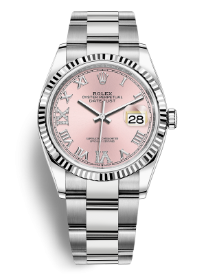 Phiên bản Rolesor trắng đi kèm mặt số màu hồng, nạm kim cương dây đeo Oyster, mối nối ba mảnh dạng phẳng