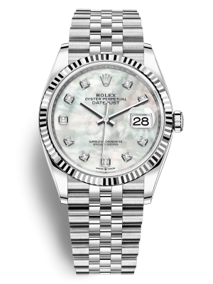 Phiên bản Rolesor trắng đi kèm mặt số mặt số vỏ trai trắng nạm kim cương dây đeo Jubilee, mối nối 5 mảnh